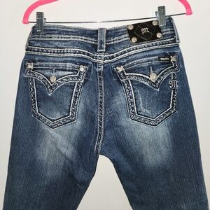 Miss Me Signature Boot Jeans Sz 30 Inseam 32 Flap Pockets Factory Distressed